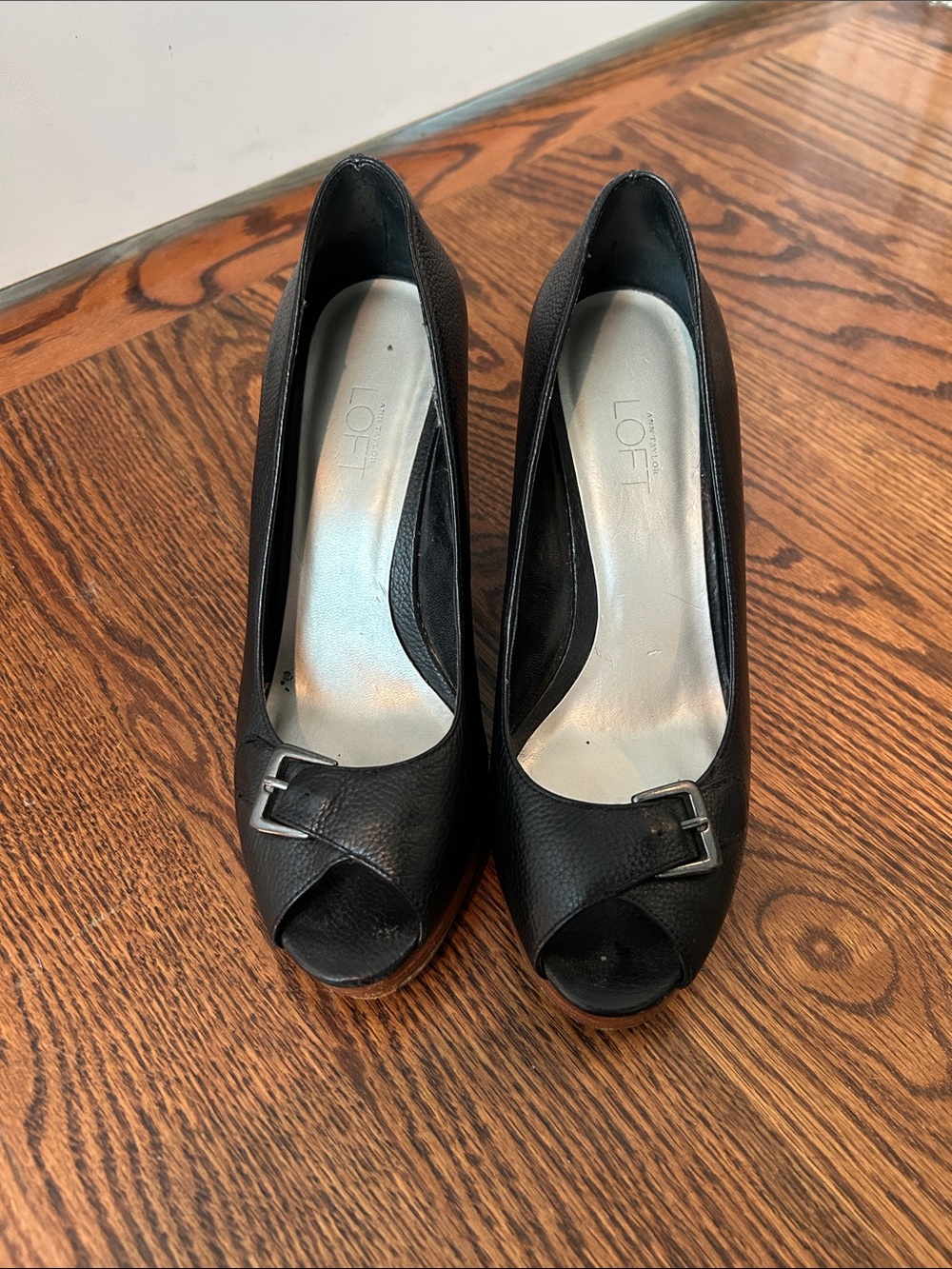 LOFT Black Peep-Toe Wedge Pumps with Buckle Accent